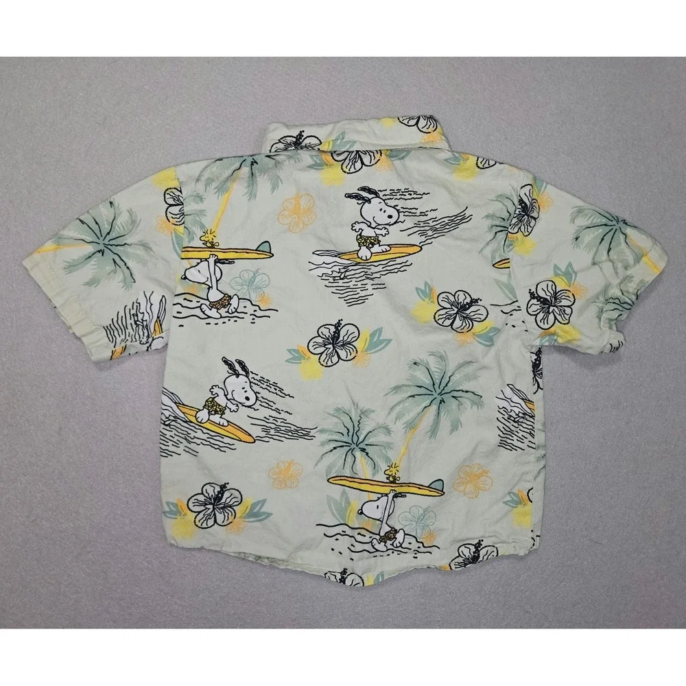 Peanuts Snoopy Surfing Hawaiian Shirt Boys Button-Up 3T‎ Green Short Sleeves